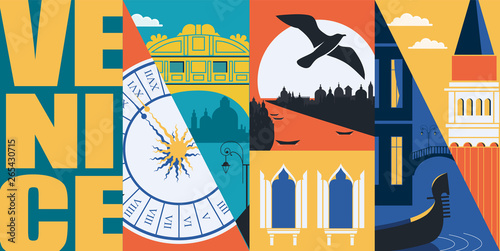 Venice, Italy vector banner, illustration. City views, historical buildings