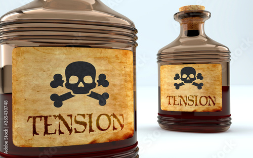 Dangers and harms of tension pictured as a poison bottle with word tension, symbolizes negative aspects and bad effects of unhealthy tension, 3d illustration