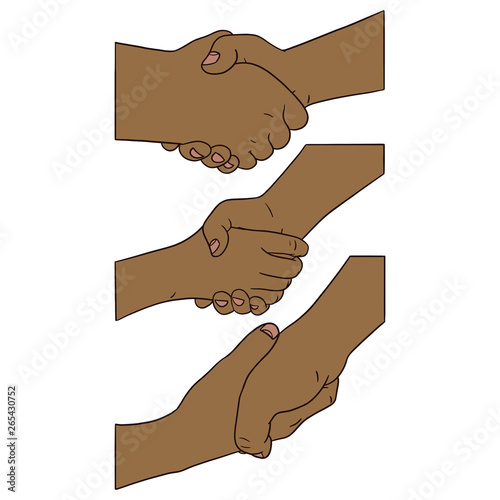 Illustration of two hands shaking each other from three different angles. Isolated, African American brown skin color. vector drawing.