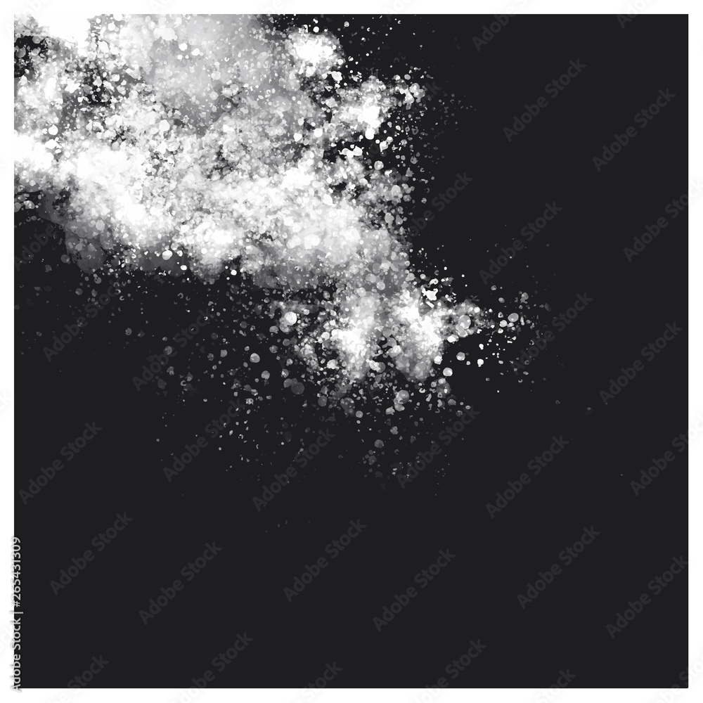 White splash on a dark, black background. Watercolor abstract backdrop. Watercolour vector illustration. Monochrome, grayscale screen. Copy, free space for text or graphic design.