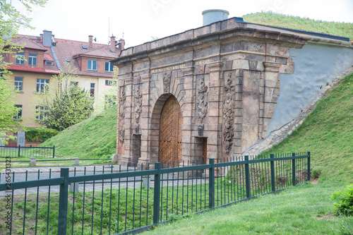 City Prague, Czech Republic. Old building in park teritory. old walls and architecture. Travel photo 2019.