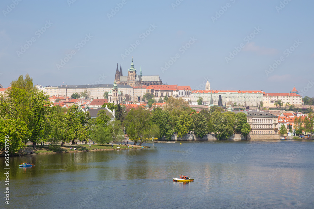 City Prague, Czech Republic. View to the river and bridges from river Vltava. Spring. 2019. 24. April. Travel photo.
