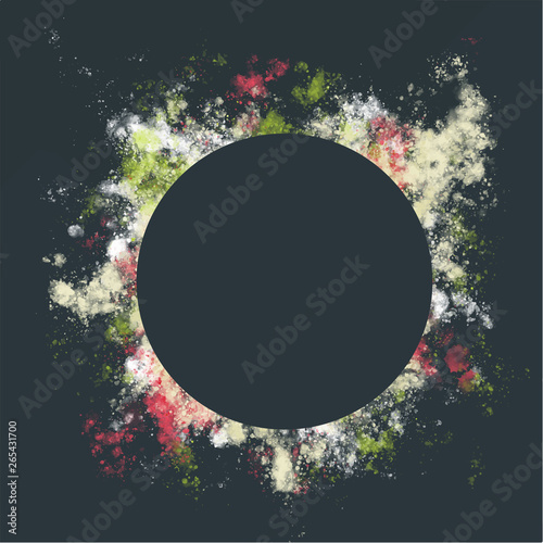 Vector frame with a colorful splash around the center. Copy free space for subtitles or text. Watercolor, rainbow invitation or gift card. Abstract, atmospheric background. Graphic design.