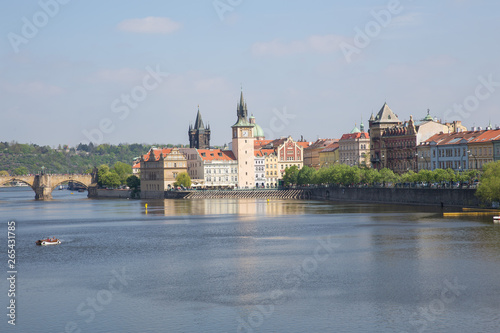 City Prague, Czech Republic. View to the river and bridges from river Vltava. Spring. 2019. 24. April. Travel photo.