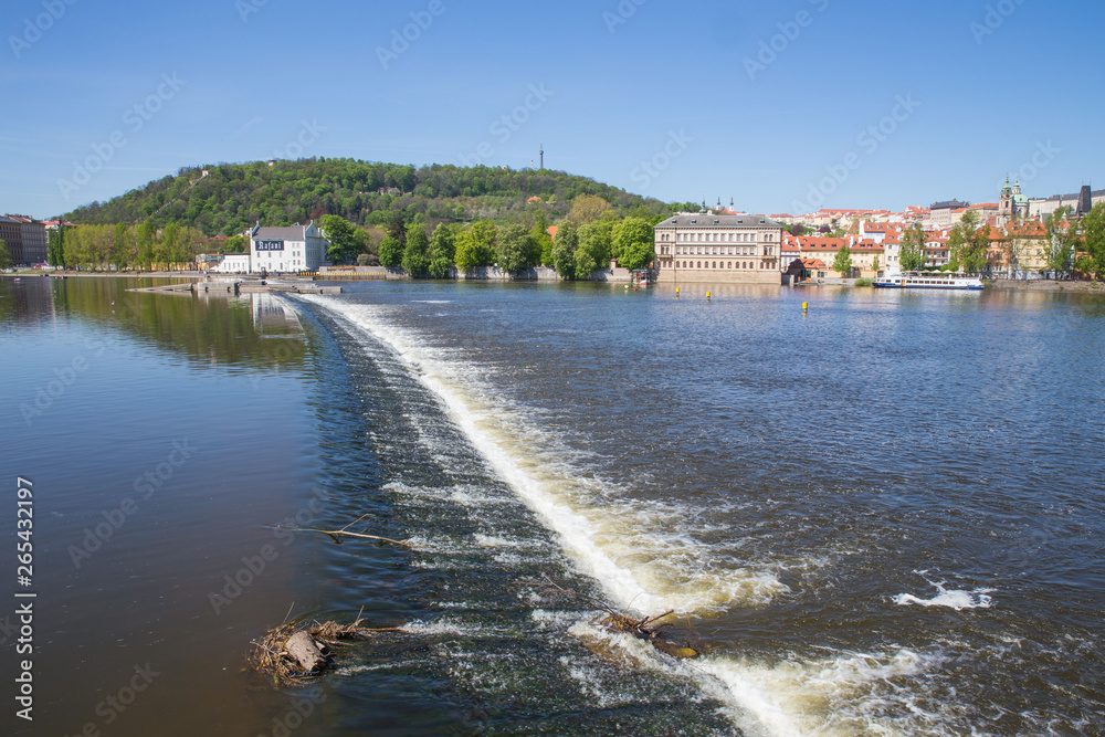 City Prague, Czech Republic. Old  buildings and Vltava river locks view. Travel photo 2019. 26. April