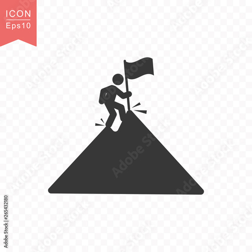 Stick figure a man climbs a mountain peak with a flag silhouette icon simple flat style vector illustration on transparent background.