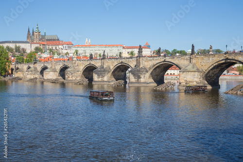 City Prague, Czech Republic. View to the river and bridge from river Vltava. Spring. 2019. 24. April. Travel photo.