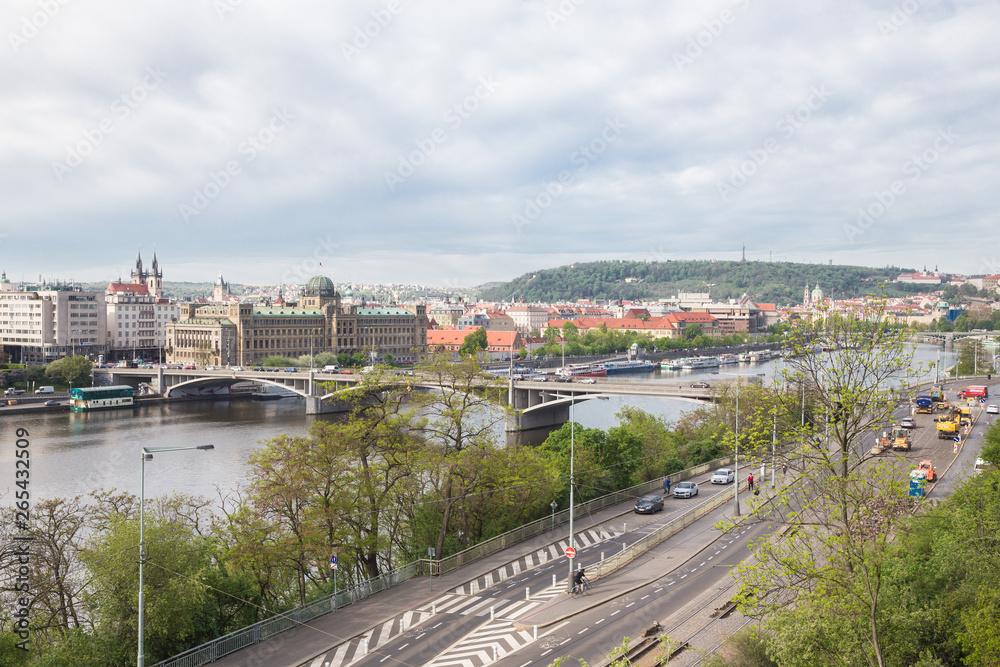 City Prague, Czech Republic. Old  buildings and street view. Vltava river and bridge. Travel photo 2019. 26. April