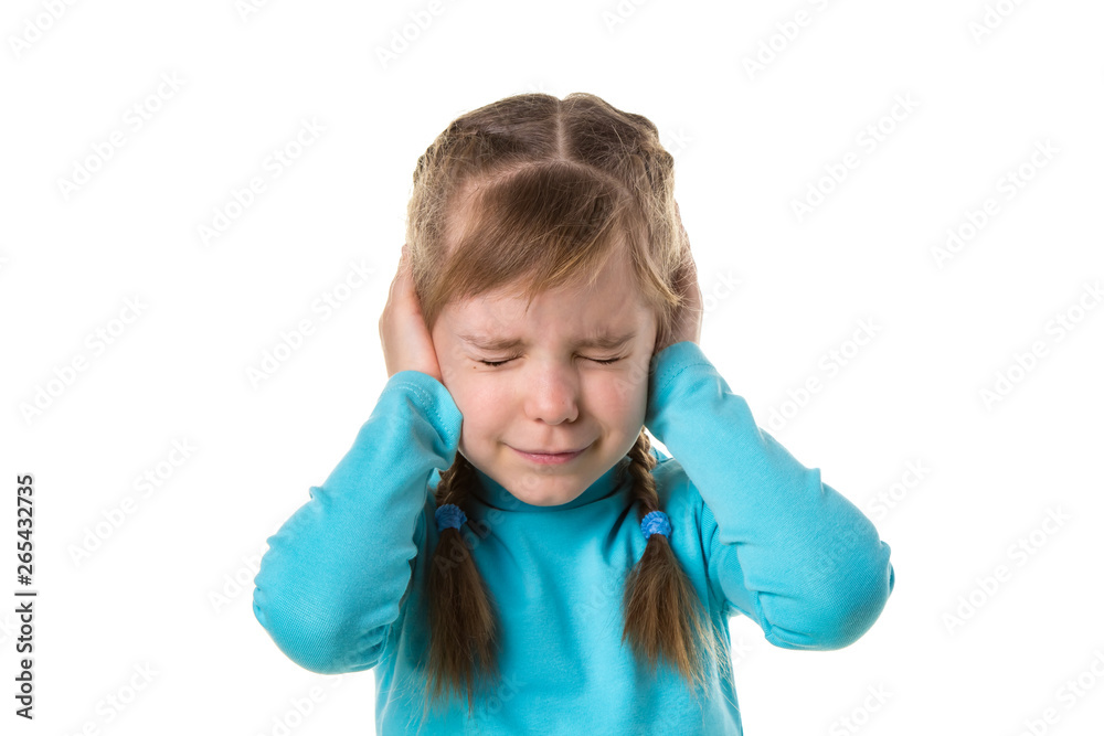 Blonde caucasian young girl closing ears with hands, suffering from noise. Isolated over white background Blonde caucasian young girl closing ears with hands, suffering from noise. Isolated over white background