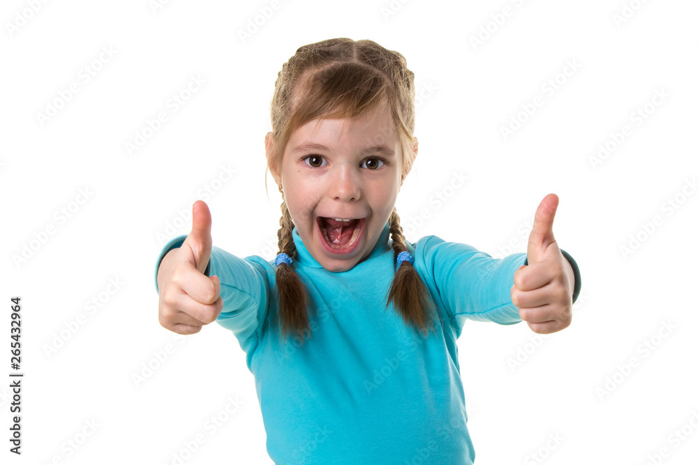 Laughing girl, showing thumbs up, white isolated landscape background Laughing girl, showing thumbs up, white isolated landscape background