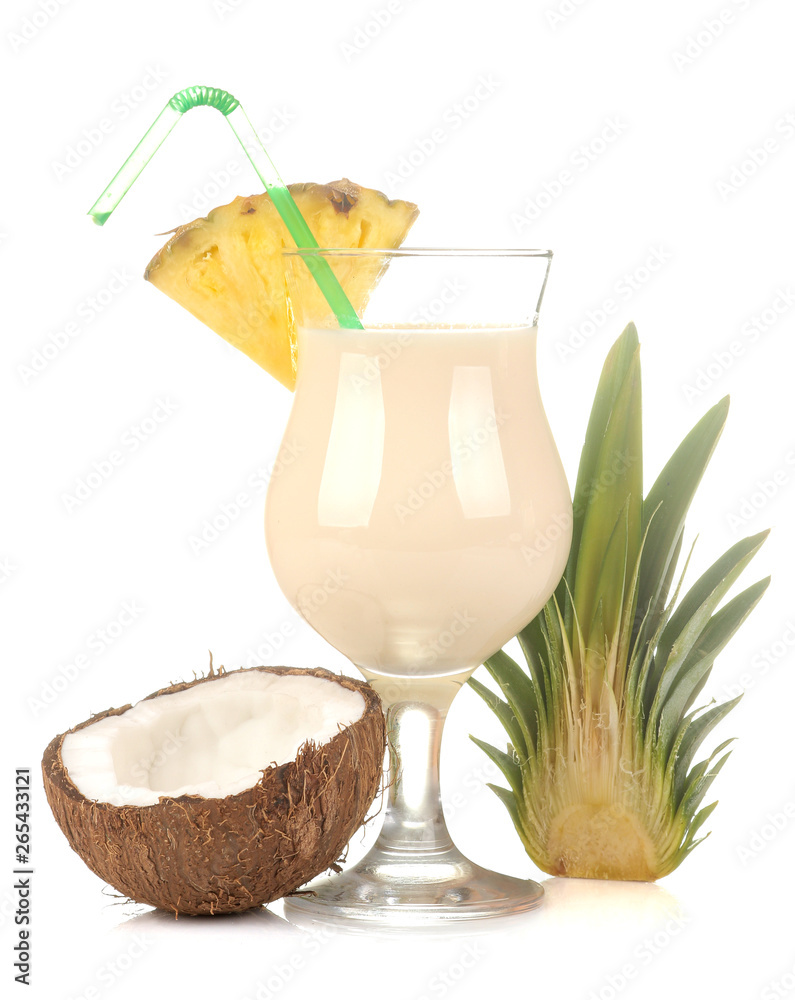 Cocktail Pina Colada. Pina Colada refreshing summer alcoholic cocktail with coconut milk and pineapple juice. summer drink. cocktail preparation. on white isolated background Cocktail Pina Colada. Pina Colada refreshing summer alcoholic cocktail with coconut milk and pineapple juice. summer drink. cocktail preparation. on white isolated background