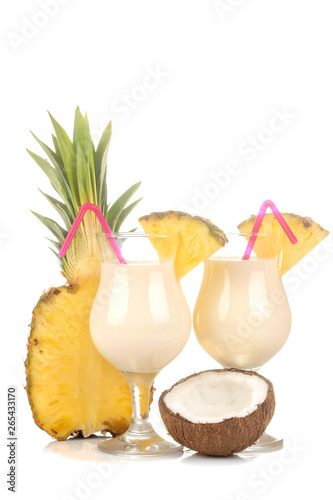 Cocktail Pina Colada. Pina Colada refreshing summer alcoholic cocktail with coconut milk and pineapple juice. summer drink. cocktail preparation. on white isolated background