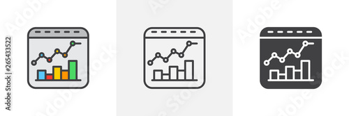Business graph presentation icon. Line, glyph and filled outline colorful version, Bar and line combo chart outline and filled vector sign. Symbol, logo illustration. Different style icons set. 