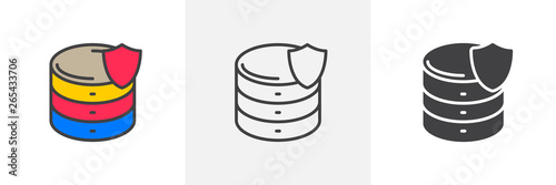 Database server protection icon. Line, glyph and filled outline colorful version, Data center with shield outline and filled vector sign. Symbol, logo illustration. Different style icons set. 