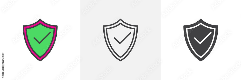 Security shield protected icon. Line, glyph and filled outline colorful version, Protection shield with check mark outline and filled vector sign. Symbol, logo illustration. Different style icons set Security shield protected icon. Line, glyph and filled outline colorful version, Protection shield with check mark outline and filled vector sign. Symbol, logo illustration. Different style icons set