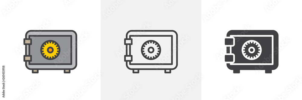 Safe, bank icon. Line, glyph and filled outline colorful version, Strong box lock outline and filled vector sign. Symbol, logo illustration. Different style icons set. Vector graphics