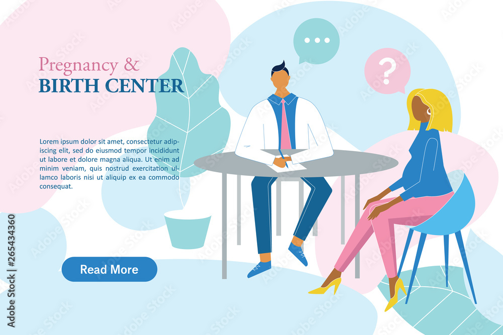 Pregnant woman in the maternity hospital talking with gynecologist vector banner. Female having consultation in the pregnancy and birth center. Pregnant woman in the maternity hospital talking with gynecologist vector banner. Female having consultation in the pregnancy and birth center.