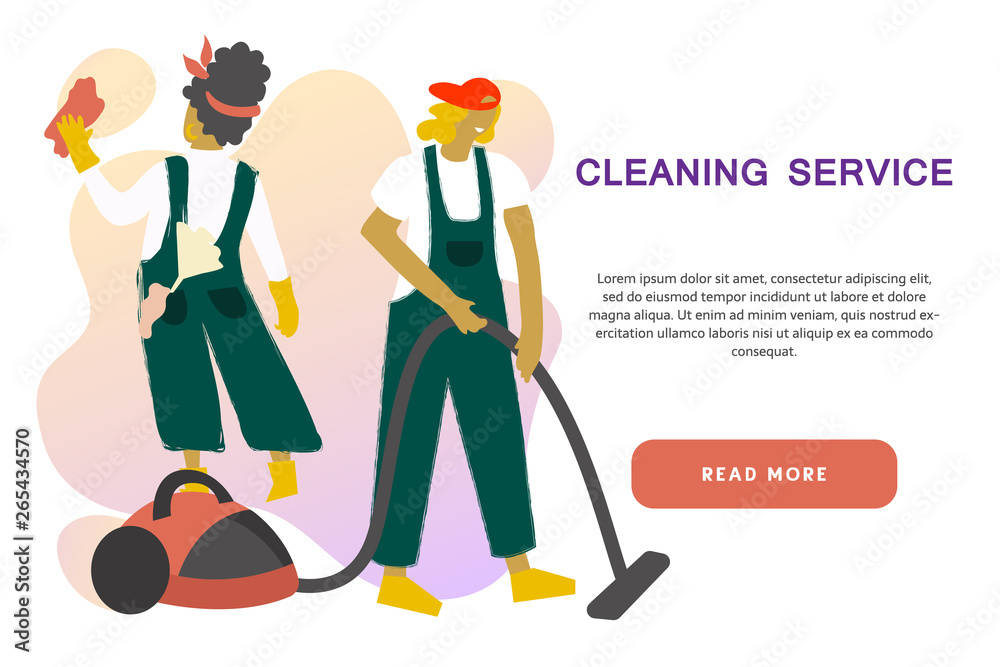 Cleaning service modern concept for your banner, advertisement, flyer or website with the place for your text. Cleaning team in uniform performs various types of work during household chores. 