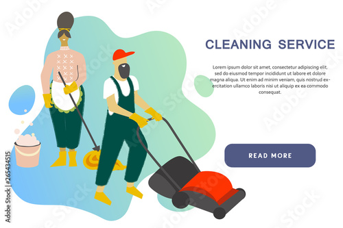 Cleaning service modern concept for your banner, advertisement, flyer or website with the place for your text. Cleaning team in uniform performs various types of works during household chores.
