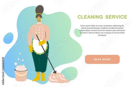 Cleaning service modern concept for your banner, advertisement, flyer or website with the place for your text. Housemaid in uniform dusting during household chores. 
