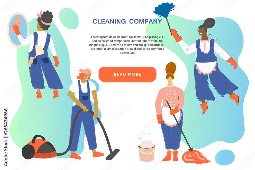 Cleaning service modern concept for your banner, advertisement, flyer or website with the place for your text. Cleaning team in uniform performs various types of works during household chores.