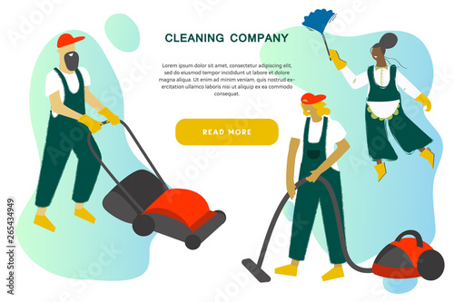 Cleaning service modern concept for your banner, advertisement, flyer or website with the place for your text. Cleaning team in uniform performs various types of works during household chores