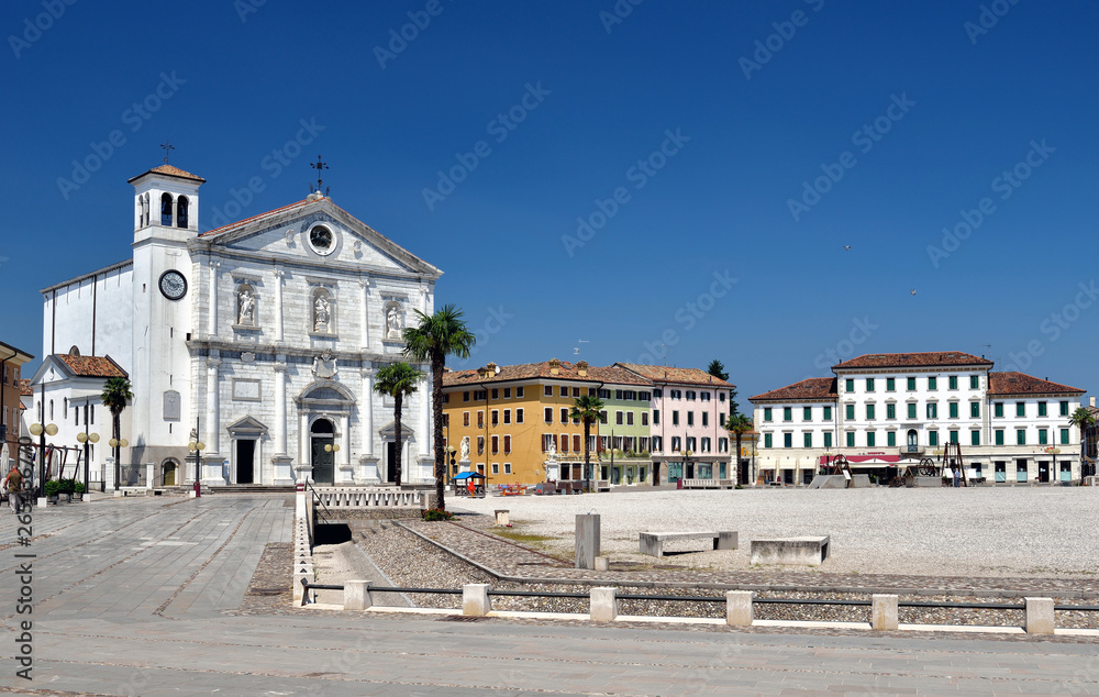 PALMANOVA ITALY ON SUMMER: Palmanova, with its nine-pointed star structure, was conceived as an inexpugnable defensive system Italy, Udine Friuli-Venezia-Giulia region. The cathedral.