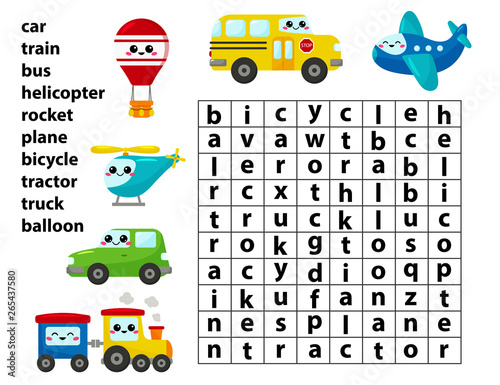 Word search game. Learn english words. For preschool kids activity worksheet. Cute kawaii cartoon vector transport characters.