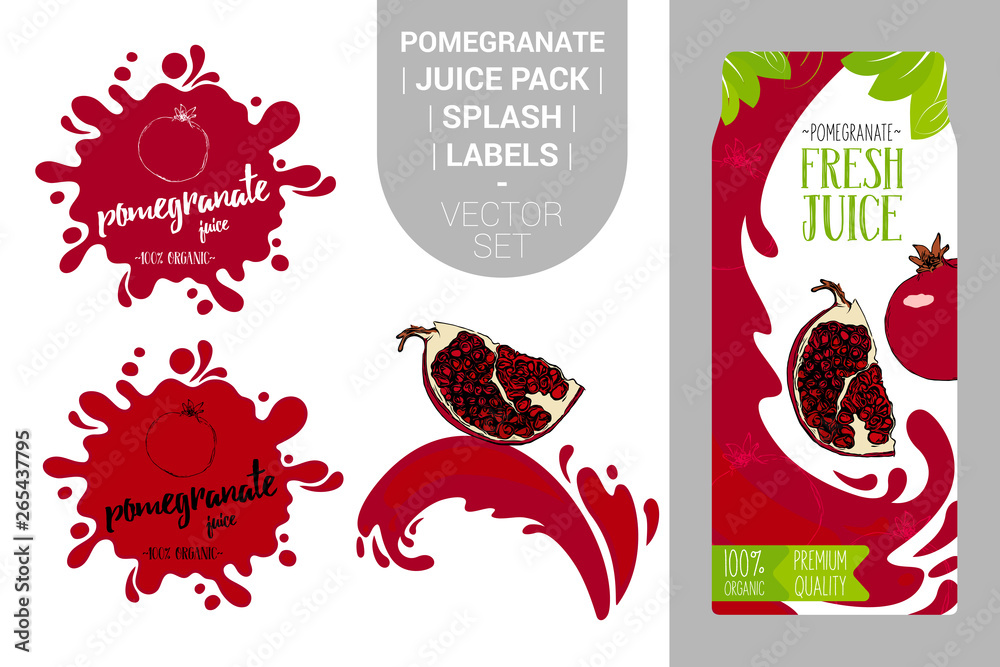 cartoon red pomegranates on juice splash. Fresh pomegranate juice pack with Organic labels tags and green leaves. Colorful stickers. Juicy fruit badges with splash. Fruit vector package set