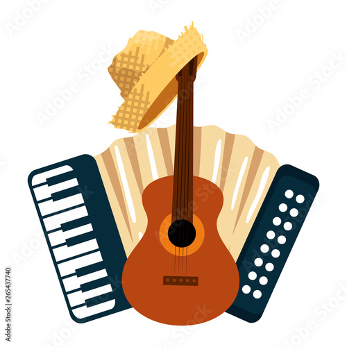 accordion with guitar and gardener straw hat