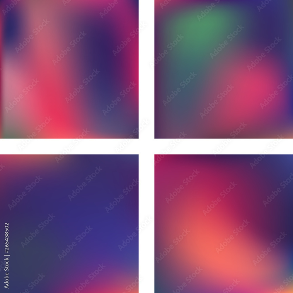 Set with abstract blurred backgrounds. Vector illustration. Modern geometrical backdrop. Abstract template. Pink, blue, purple colors.