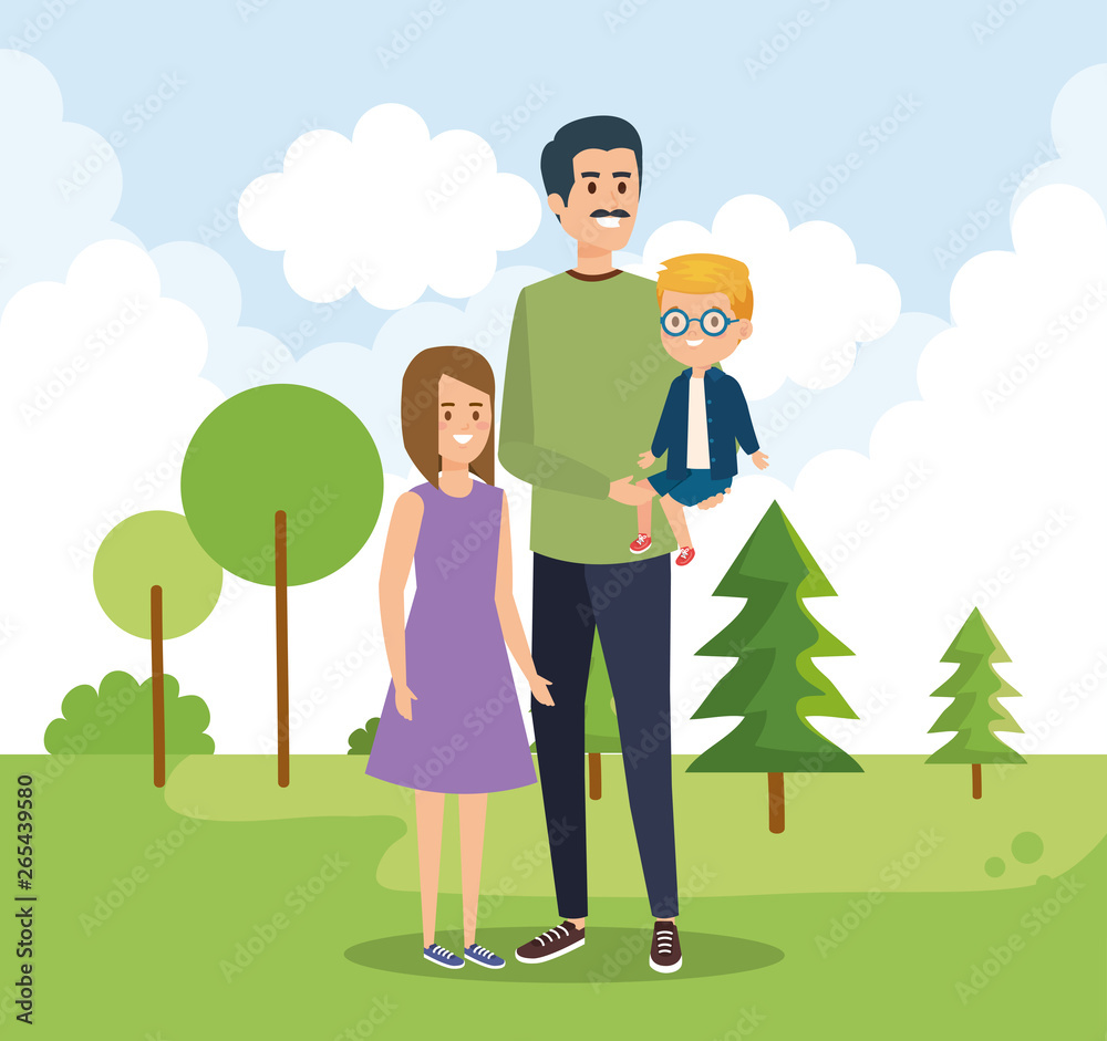 happy man with his daughter and son with trees