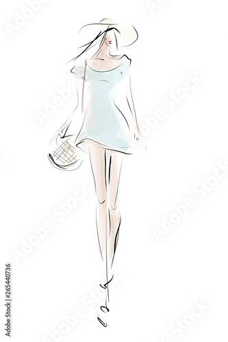 Girl in summer outfit. Hand-drawn fashion illustration. Sketch, vector