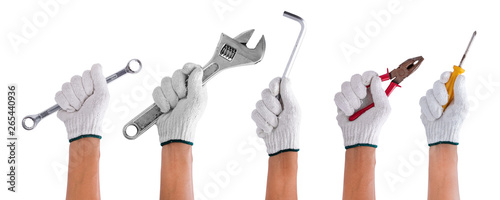 Set of worker hand holding tool construction isolated on white background - clipping paths.