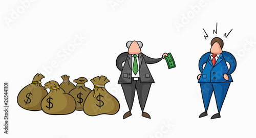 Hand-drawn vector boss has a lot of money with sacks and pays one money to his businessman worker