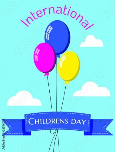 Childrens day card, poster, flyer with balloons and cloud in clear blue sky. 