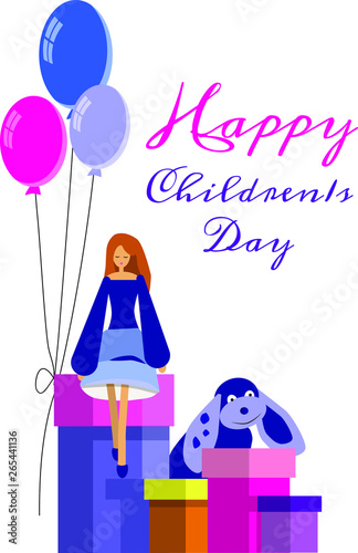 Childrens day card, poster, flyer. Cute illustration with toys, presents, balloons for kids. Vector template.