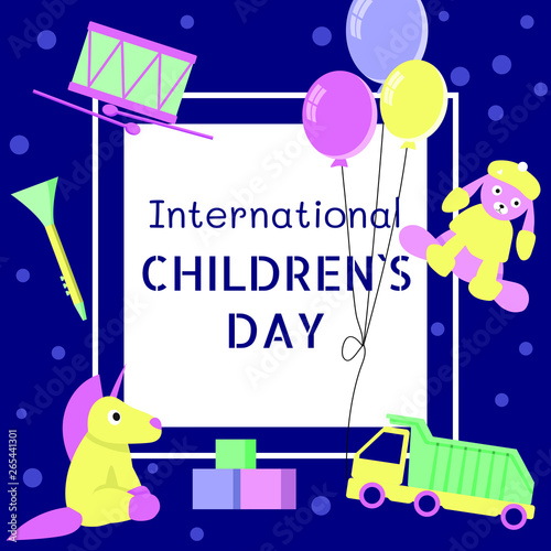 Cute vector template for international childrens day in gentle colors with toys for baby boy and girl. Perfect for web site.
