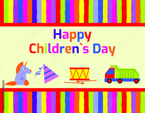 Colorful vector childrens day poster template for web site with colorful background and kids toys.