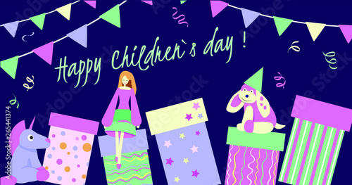 Cute vector template for international childrens day in gently colors with gift box, toys, balloon, flag, confetti for happy celebration.