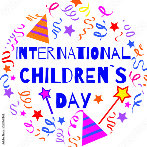 Childrens day vector template with confetti, magic stick and hat. Doodle style. 