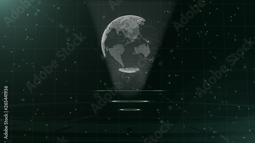 Digital data globe - abstract illustration of a scientific technology. Data network. Surrounding planet earth on three looping circles. 3D. Close up. copy space.