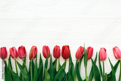 Beautiful red tulips on white wooden background flat lay. Happy mothers day. Pink tulips border on white wood with space for text. Greeting card template. Hello spring concept
