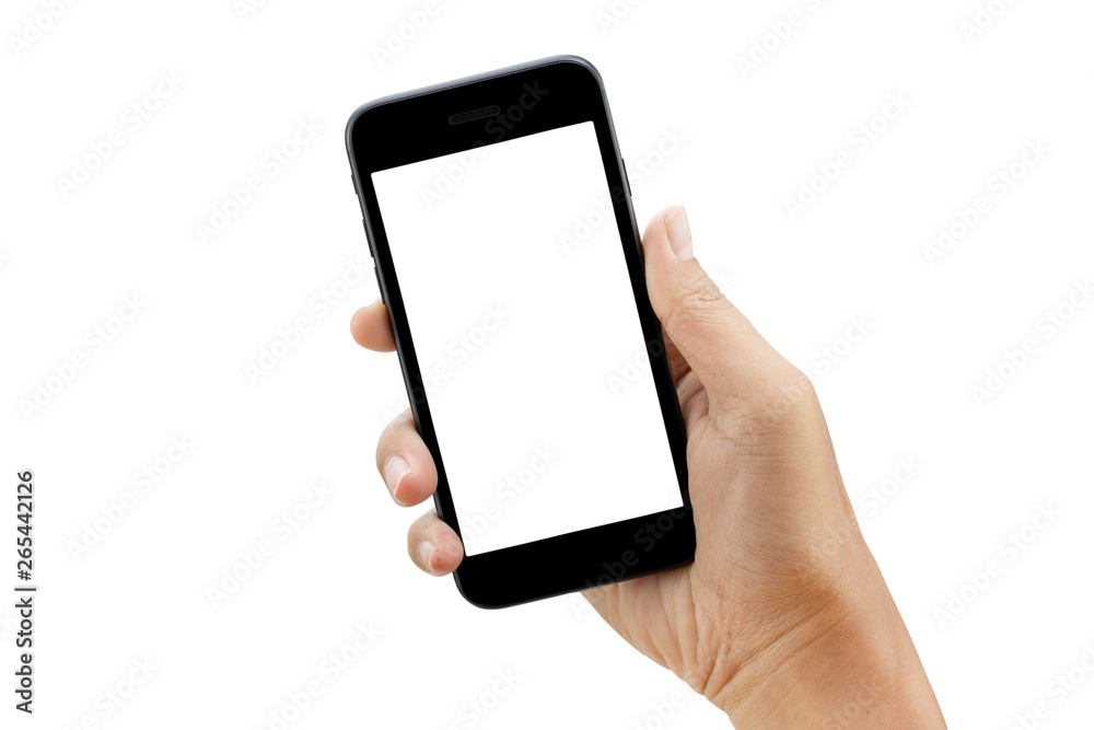 hand holding smartphone isolated on white background - clipping paths