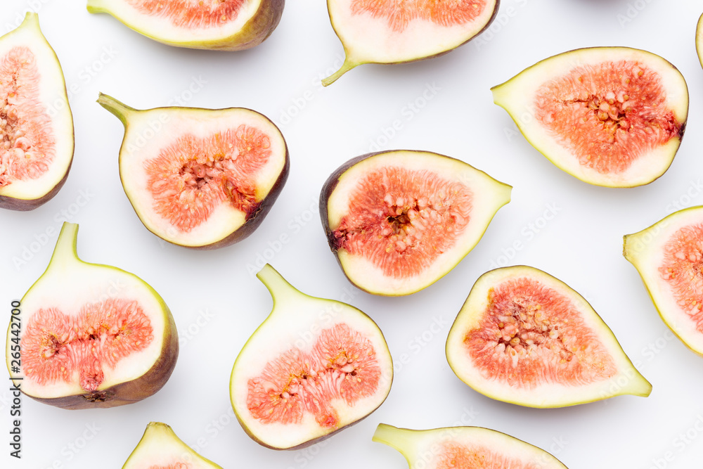 Fig fruits isolated on white background. Top view. Flat lay pattern Fig fruits isolated on white background. Top view. Flat lay pattern