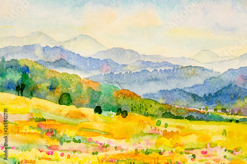 Canvas-taulu Watercolor landscape painting of mountain and meadow.