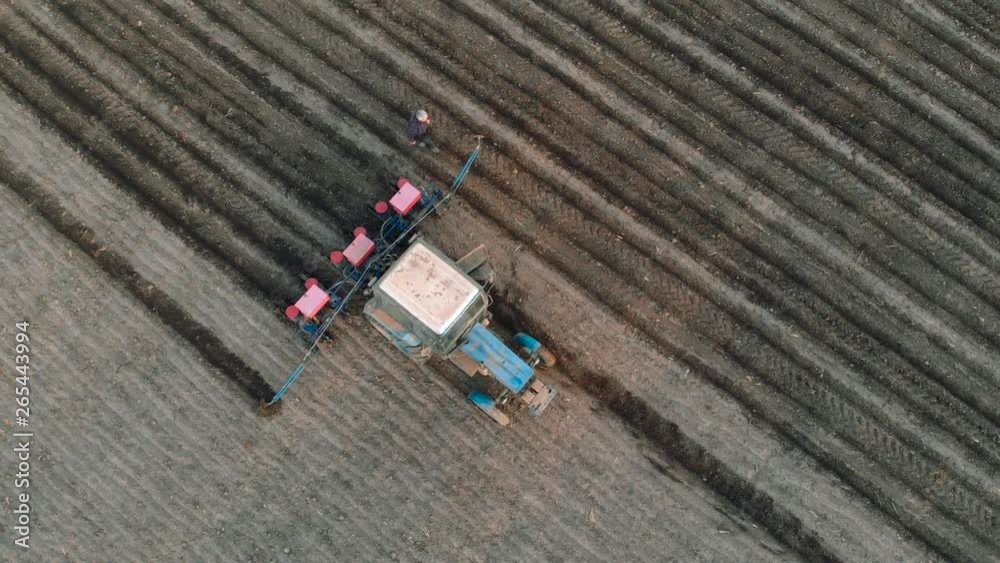 Top view on old farmer examines performance of seeder and tractor in field during sowing of oil crops. Hard rural job Top view on old farmer examines performance of seeder and tractor in field during sowing of oil crops. Hard rural job
