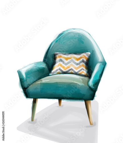 Blue retro armchair watercolor Vector. Design decor vintage furnitures
