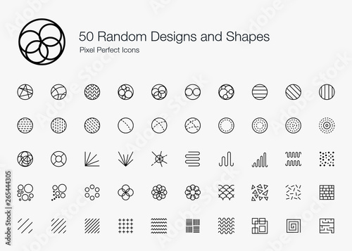 50 Random Designs and Shapes Pixel Perfect Icons (Line Style). Vector icon set of random round circle pattern,  abstract lines, and shapes.