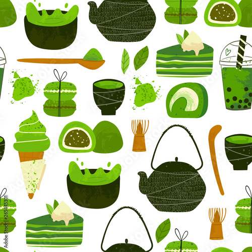 Various matcha tea products. Japanese food. Matcha powder, mochi, macarons, bubble tea, ice cream, pie, tea pot, bamboo spoon. Hand drawn vector seamless pattern. Colored trendy illustration